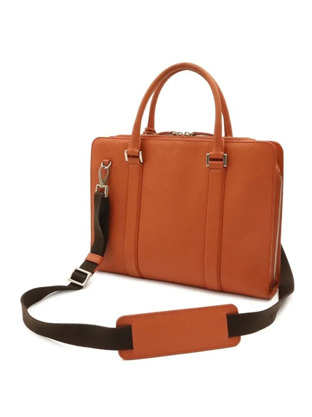 Bvlgari Man Business Briefcase Documents Purse Leather Orange Silver